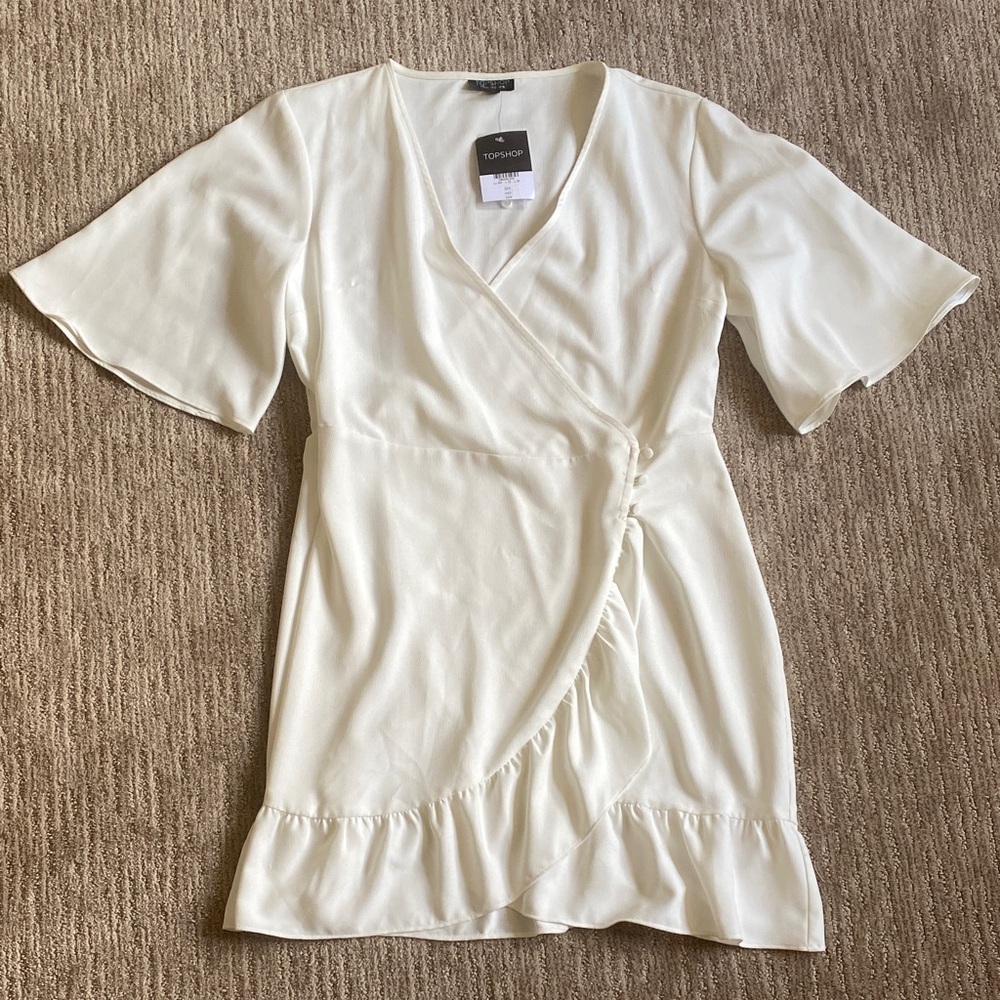 NWT Topshop Ivory Wrap Mini Dress with Ruffle Hem Coquette
